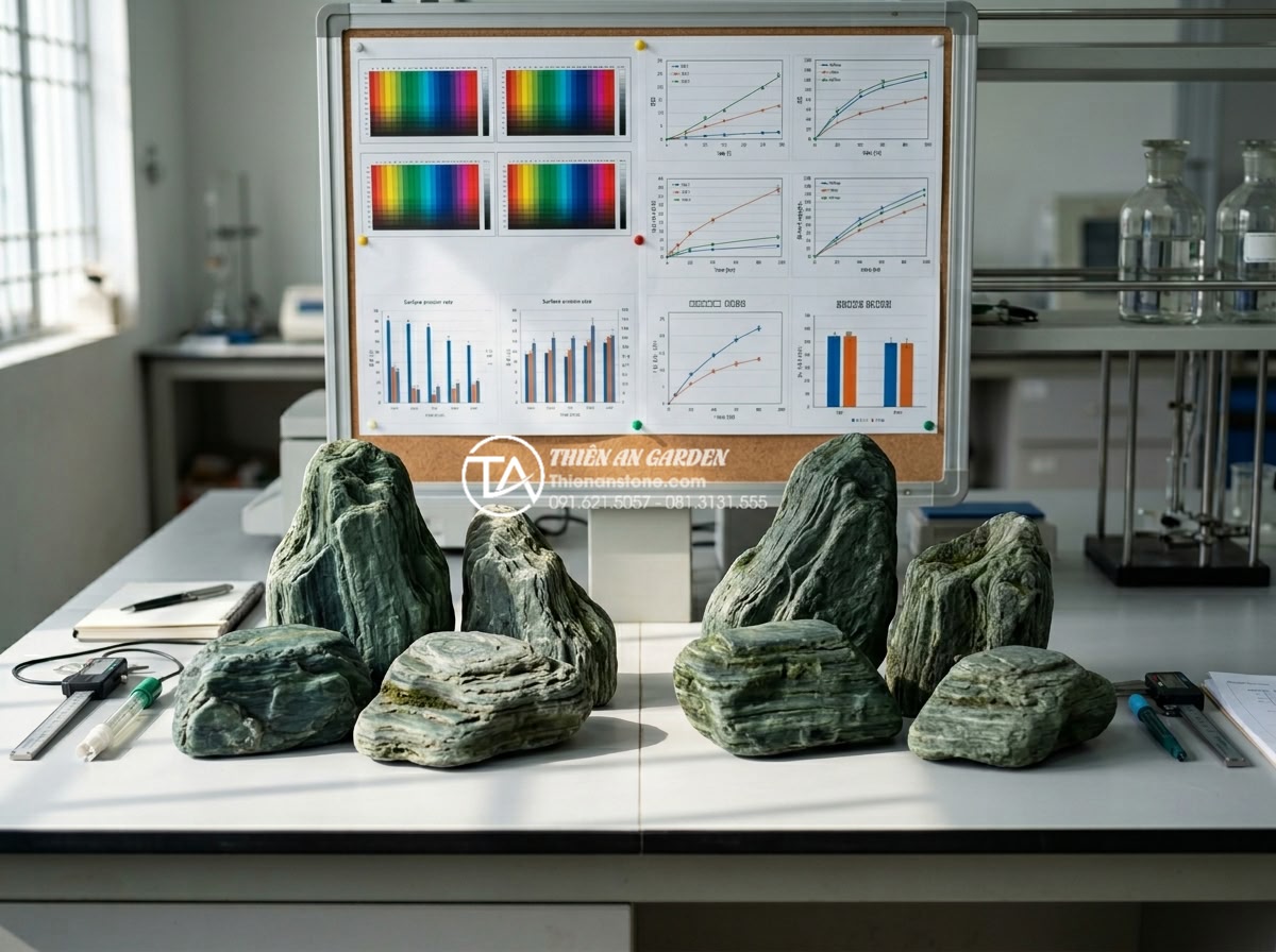 Đá xanh Nhật Bản có bị bạc màu theo thời gian không? Giải đáp từ chuyên gia - Laboratory test setup displaying Japanese green stone samples before and after a