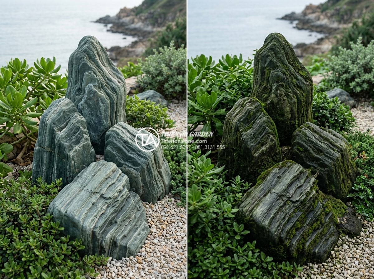 Đá xanh Nhật Bản có bị bạc màu theo thời gian không? Giải đáp từ chuyên gia - Before and after comparison of Japanese green stone in a coastal garden environm