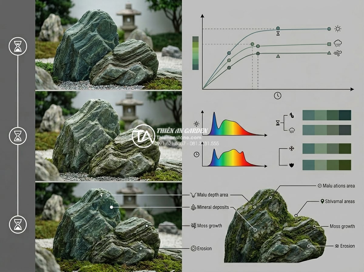 Đá xanh Nhật Bản có bị bạc màu theo thời gian không? Giải đáp từ chuyên gia - Expert analysis chart and real-world project photos demonstrating color retentio