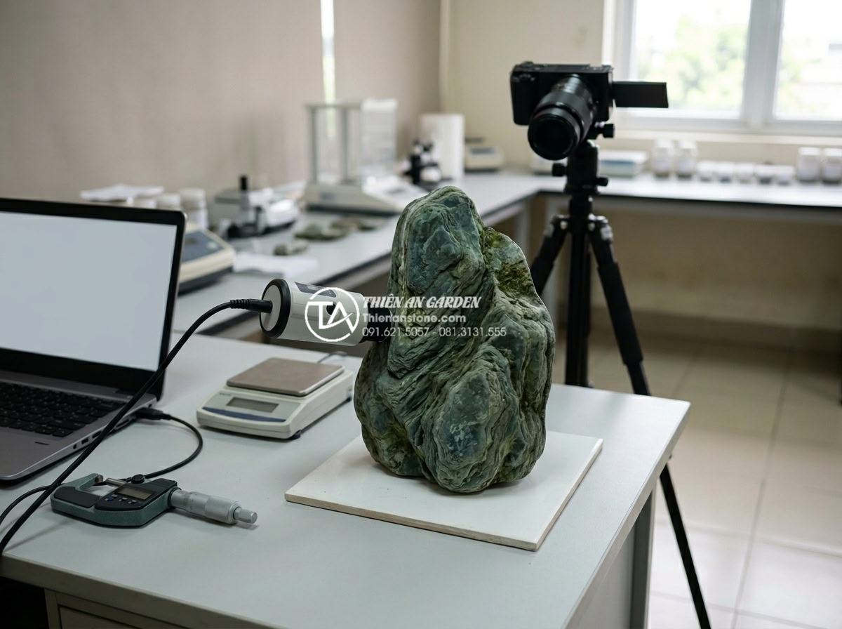 Đá xanh Nhật Bản có bị bạc màu theo thời gian không? Giải đáp từ chuyên gia - Professional expert inspecting Japanese green stone color stability in a control