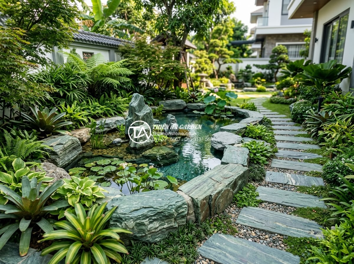 Đá xanh Nhật Bản có mấy loại? Cách phân cấp chất lượng đá trên thị trường - Real life example of a mid-range garden project using Japanese green stone type 