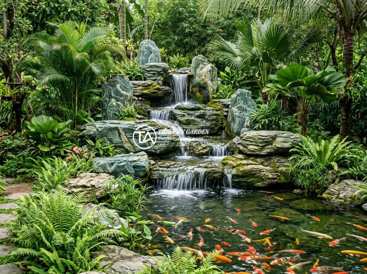 Đá xanh Nhật Bản có mấy loại? Cách phân cấp chất lượng đá trên thị trường - Stunning cascading waterfall made entirely from premium Japanese green stones in