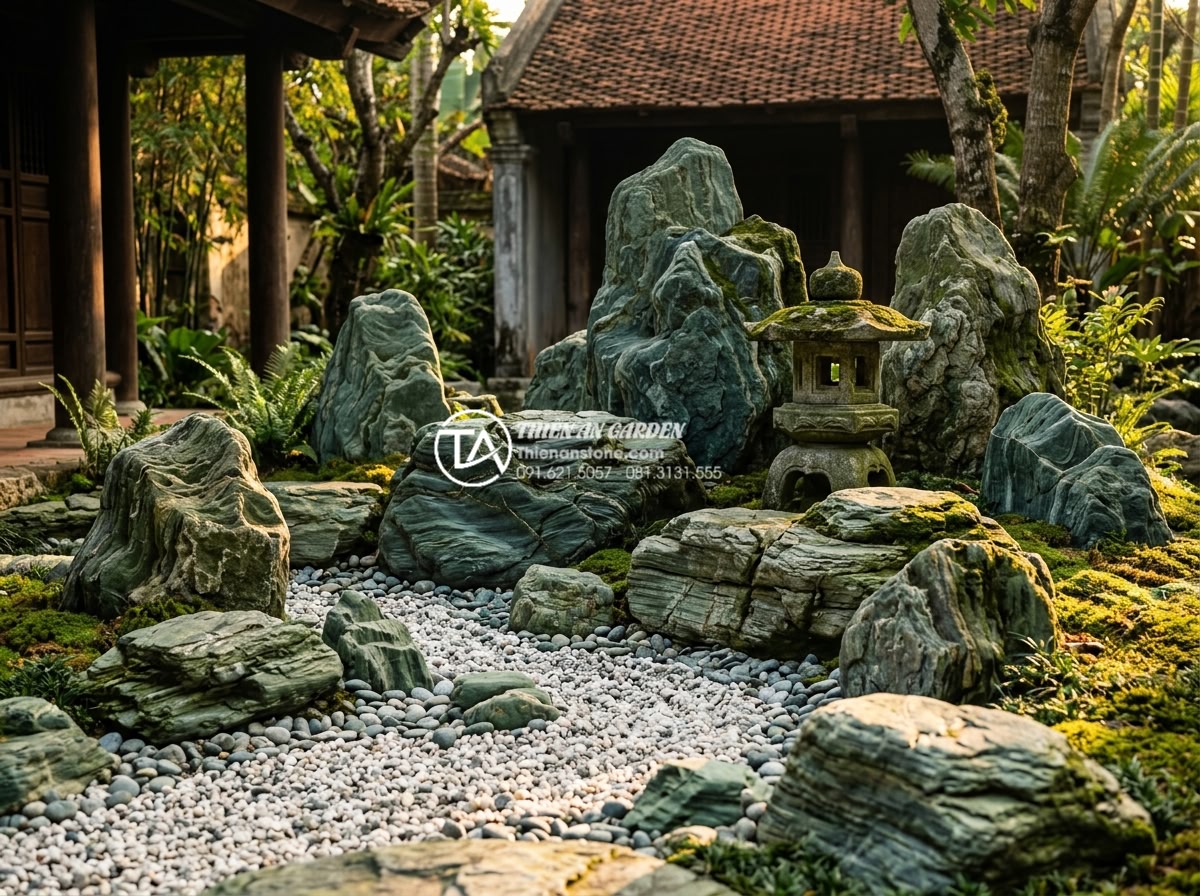 Đá xanh Nhật Bản có mấy loại? Cách phân cấp chất lượng đá trên thị trường - Artistic Japanese style rock garden non-bo with carefully placed large and small