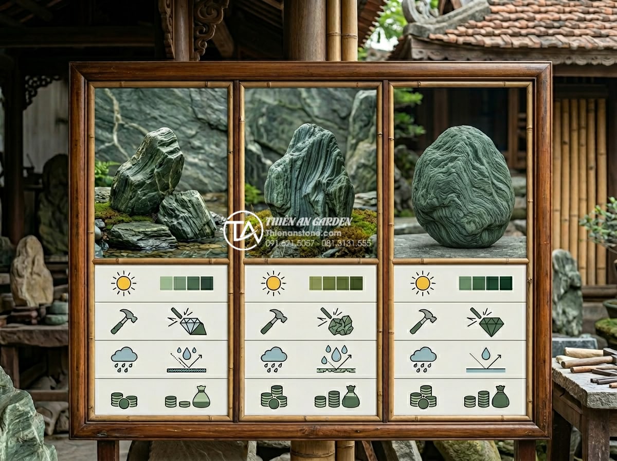 Đá xanh Nhật Bản có mấy loại? Cách phân cấp chất lượng đá trên thị trường - Professional comparison infographic style image displaying Japanese green stone 