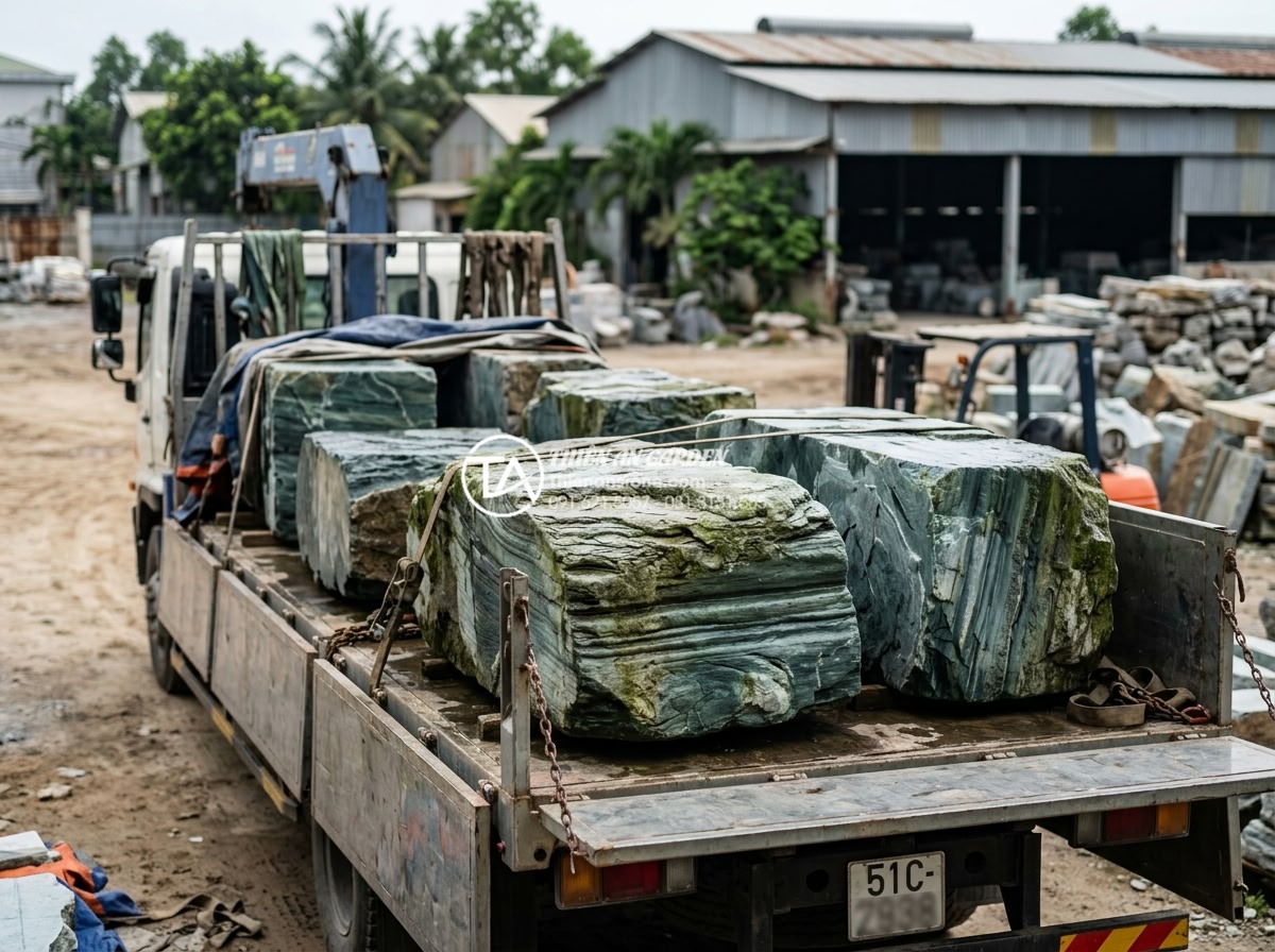 Đá xanh Nhật Bản có mấy loại? Cách phân cấp chất lượng đá trên thị trường - Professional team from Thien An Stone loading large Japanese green stone blocks 