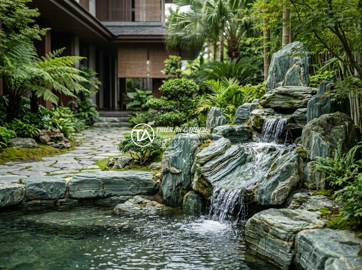 Đá xanh Nhật Bản có mấy loại? Cách phân cấp chất lượng đá trên thị trường - Completed luxury villa garden project with Japanese green stone elements includi