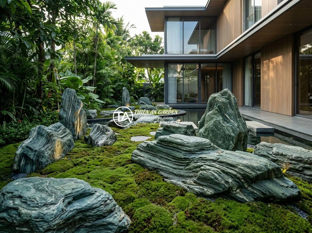Đá xanh Nhật Bản có mấy loại? Cách phân cấp chất lượng đá trên thị trường - Futuristic 2026 Japanese green stone garden concept rendering with smart water f