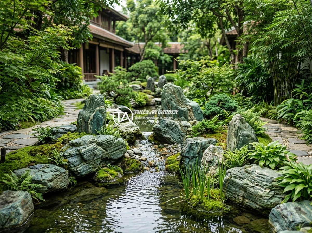 Đá xanh Nhật Bản có mấy loại? Cách phân cấp chất lượng đá trên thị trường - Professional outdoor Japanese style garden in Vietnam featuring large authentic 