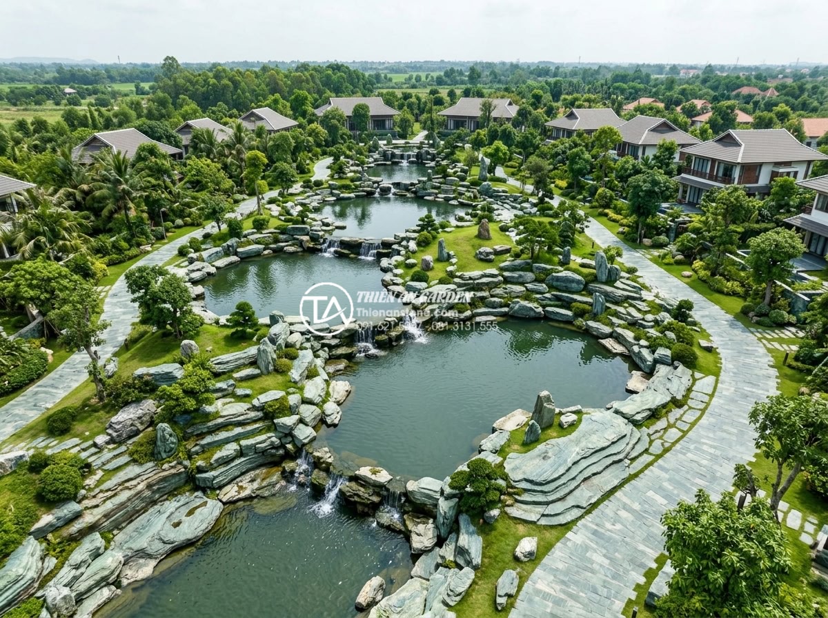 Đá xanh Nhật Bản có mấy loại? Cách phân cấp chất lượng đá trên thị trường - Aerial view of large scale resort landscape project completed in 2025 using exte
