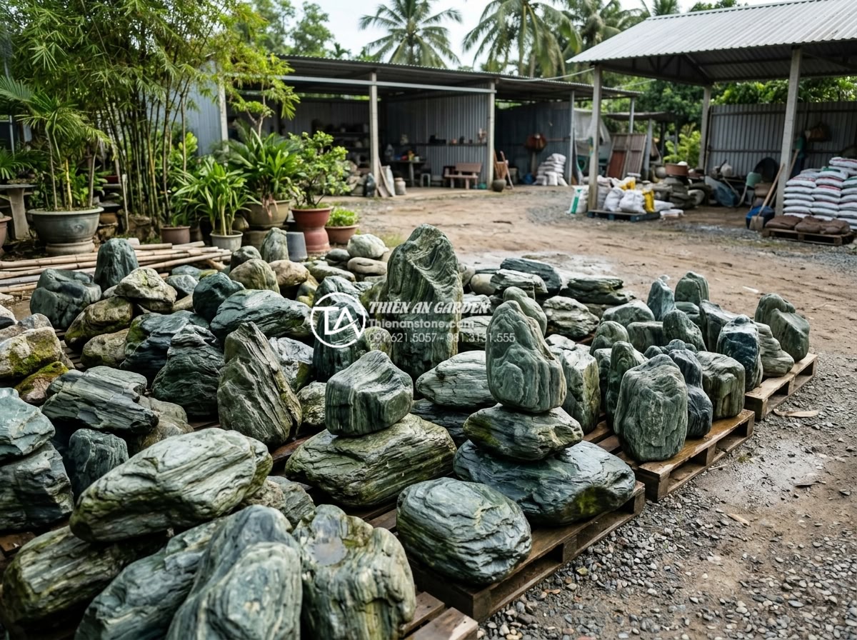 Đá xanh Nhật Bản có mấy loại? Cách phân cấp chất lượng đá trên thị trường - Wide angle view of premium Japanese green stone collection in outdoor storage ya