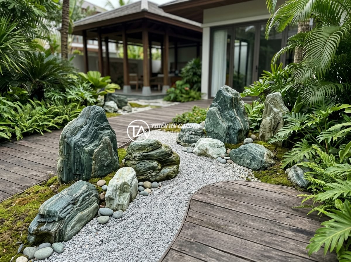 Đá xanh Nhật Bản có mấy loại? Cách phân cấp chất lượng đá trên thị trường - Beautifully arranged Japanese green stones in a completed luxury villa garden pr