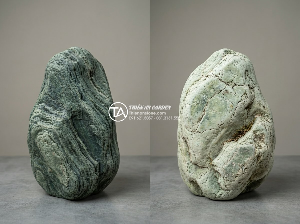 Đá xanh Nhật Bản có mấy loại? Cách phân cấp chất lượng đá trên thị trường - Side by side comparison of Japanese green stone quality grades, left side premiu