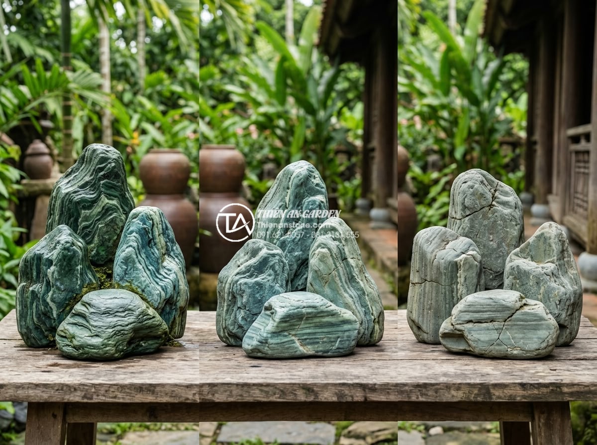 Đá xanh Nhật Bản có mấy loại? Cách phân cấp chất lượng đá trên thị trường - Comparison chart style image showing three grades of Japanese green stone side b