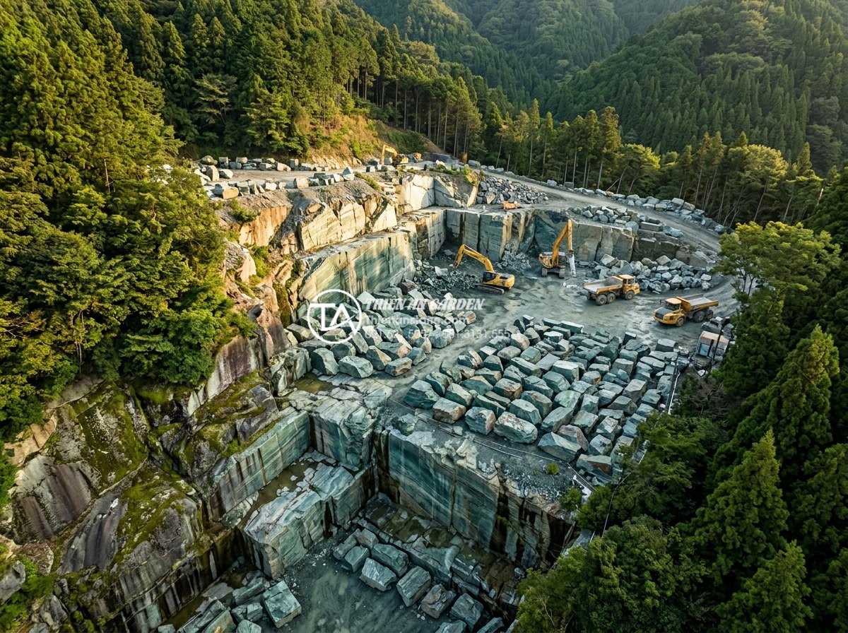 Đá xanh Nhật Bản kích thước lớn: Giải pháp cho các đại công trình cảnh quan - Aerial professional photograph of ancient Japanese green stone quarry in Shikoku