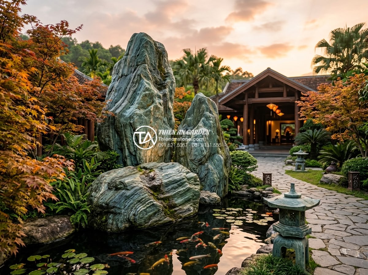 Đá xanh Nhật Bản kích thước lớn: Giải pháp cho các đại công trình cảnh quan - Wide angle professional photograph of a 5-star resort entrance featuring three m