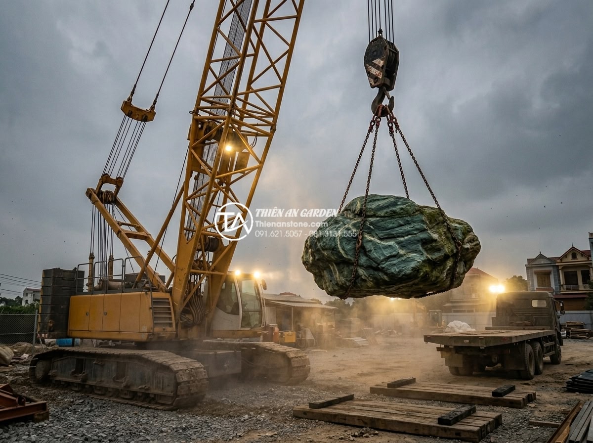 Đá xanh Nhật Bản kích thước lớn: Giải pháp cho các đại công trình cảnh quan - Engineering documentary style photograph showing heavy duty 200-ton crawler cran