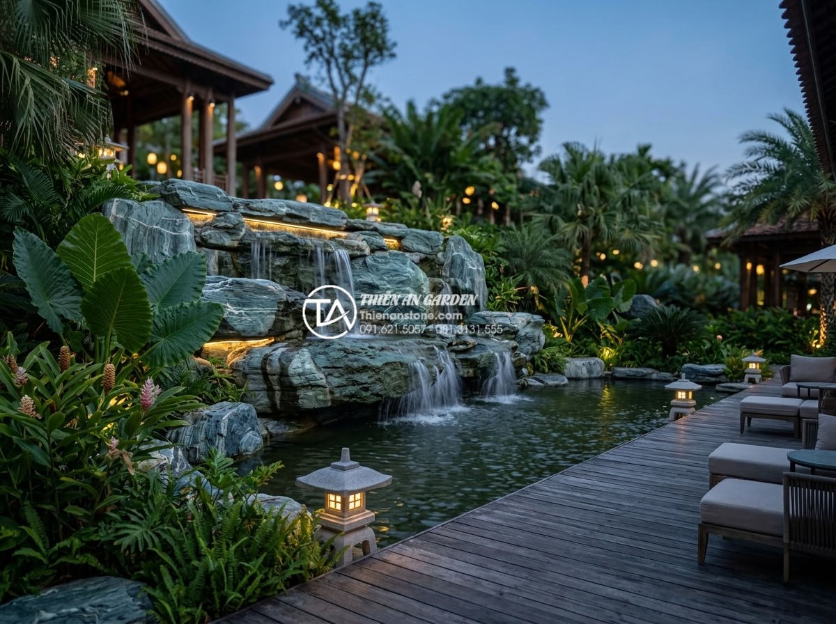 Đá xanh Nhật Bản kích thước lớn: Giải pháp cho các đại công trình cảnh quan - Luxury resort landscape photography at dusk featuring a massive Japanese green s