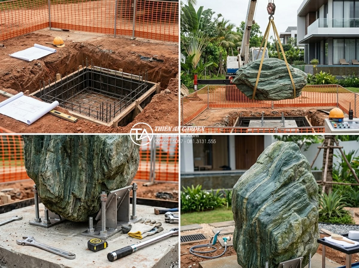 Đá xanh Nhật Bản kích thước lớn: Giải pháp cho các đại công trình cảnh quan - Step-by-step professional construction photography series showing foundation pre
