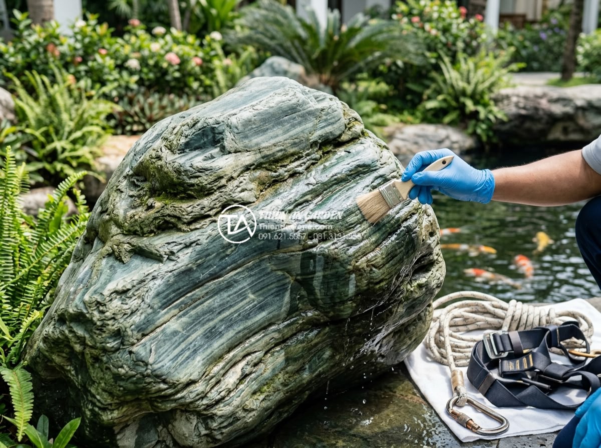 Đá xanh Nhật Bản kích thước lớn: Giải pháp cho các đại công trình cảnh quan - Professional maintenance photography showing technician cleaning a large Japanes