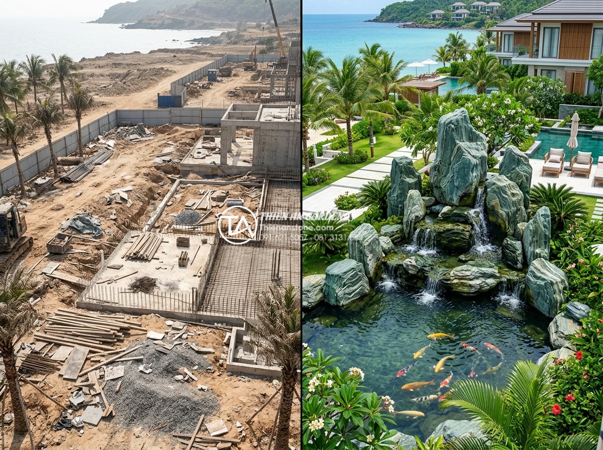 Đá xanh Nhật Bản kích thước lớn: Giải pháp cho các đại công trình cảnh quan - Before and after professional photography of a luxury resort in Phu Quoc Vietnam