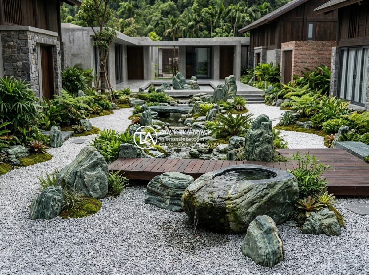 Đá xanh Nhật Bản trong thiết kế Zen Garden (Vườn Thiền) hiện đại - Creative applications of Japanese green stones in various modern Zen Gardens inc