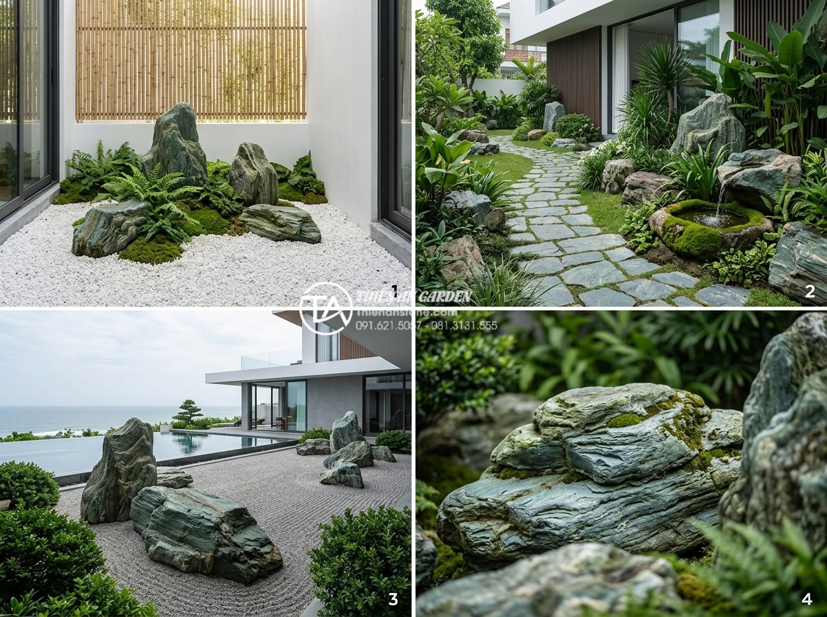 Đá xanh Nhật Bản trong thiết kế Zen Garden (Vườn Thiền) hiện đại - Innovative uses of blue-green Japanese stones in contemporary Zen Garden designs
