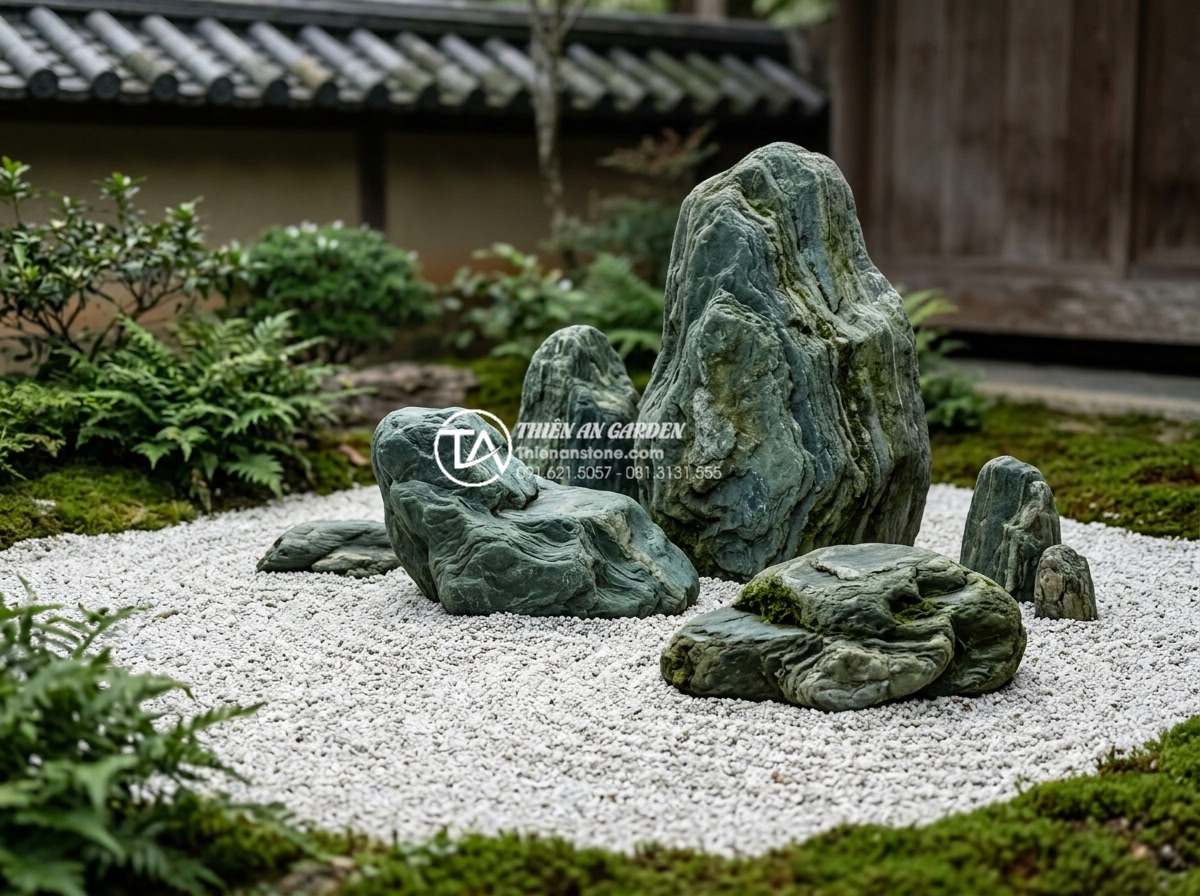 Đá xanh Nhật Bản trong thiết kế Zen Garden (Vườn Thiền) hiện đại - Feng shui arrangement of Japanese green stones in Zen Garden with symbolic posit