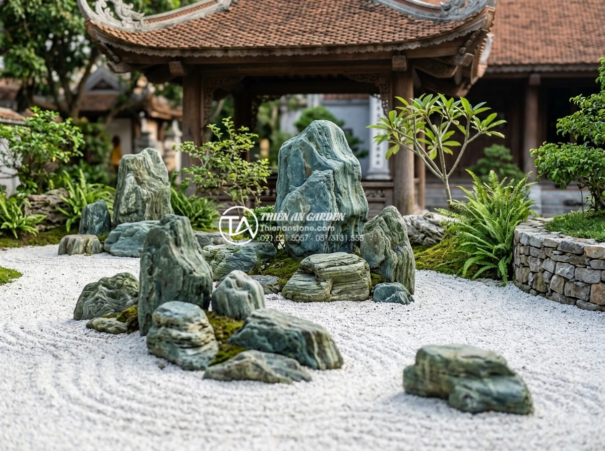 Đá xanh Nhật Bản trong thiết kế Zen Garden (Vườn Thiền) hiện đại - Detailed feng shui Zen Garden using blue Japanese stones placed according to dir