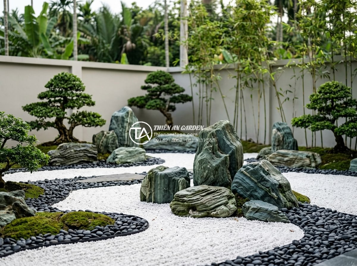 Đá xanh Nhật Bản trong thiết kế Zen Garden (Vườn Thiền) hiện đại - Harmonious combination of Japanese green stones with white raked gravel, black p