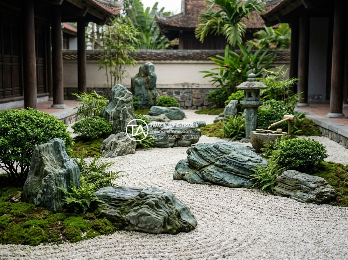 Đá xanh Nhật Bản trong thiết kế Zen Garden (Vườn Thiền) hiện đại - Integrated elements in Zen Garden featuring authentic Japanese blue stones along