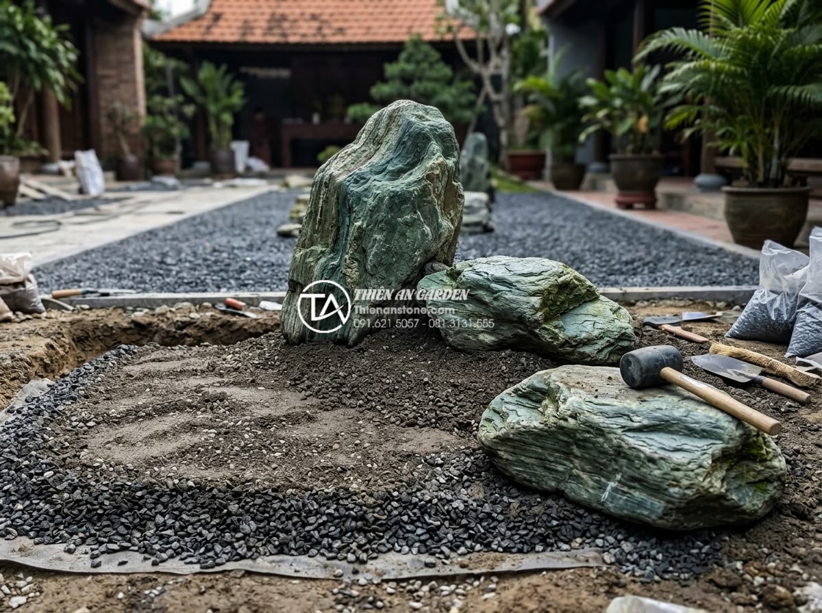 Đá xanh Nhật Bản trong thiết kế Zen Garden (Vườn Thiền) hiện đại - Professional installation process of Japanese green stones in Zen Garden constru