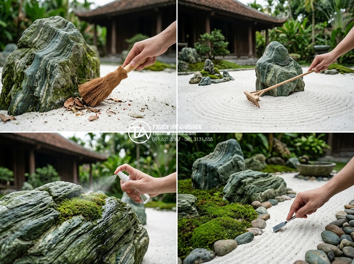 Đá xanh Nhật Bản trong thiết kế Zen Garden (Vườn Thiền) hiện đại - Step-by-step maintenance guide visuals for Zen Garden with Japanese blue stones 