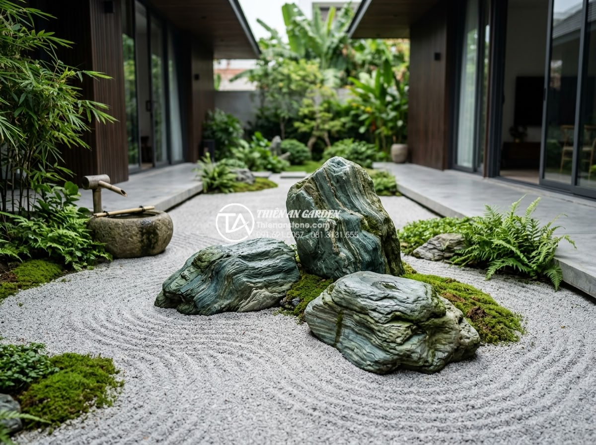 Đá xanh Nhật Bản trong thiết kế Zen Garden (Vườn Thiền) hiện đại - Benefits overview of modern Zen Garden with Japanese green stones highlighting m