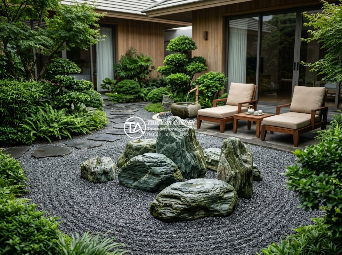 Đá xanh Nhật Bản trong thiết kế Zen Garden (Vườn Thiền) hiện đại - Long-term advantages depicted in a luxurious Zen Garden using blue Japanese ston