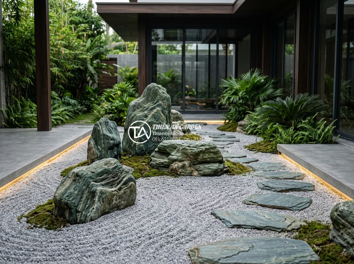 Đá xanh Nhật Bản trong thiết kế Zen Garden (Vườn Thiền) hiện đại - Future trends visualization of innovative Zen Garden designs incorporating Japan