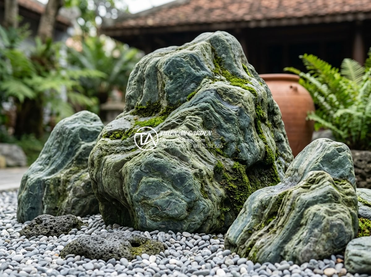 Đá xanh Nhật Bản trong thiết kế Zen Garden (Vườn Thiền) hiện đại - Close-up detailed shot of premium Japanese green stone with vibrant blue-green h