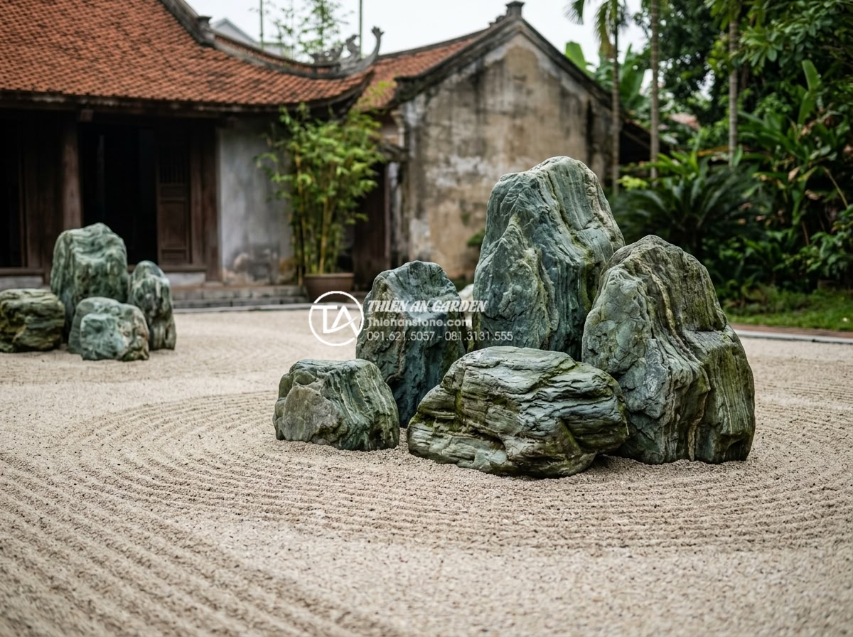 Đá xanh Nhật Bản trong thiết kế Zen Garden (Vườn Thiền) hiện đại - Minimalist Zen Garden design principles demonstrated with Japanese green stones 