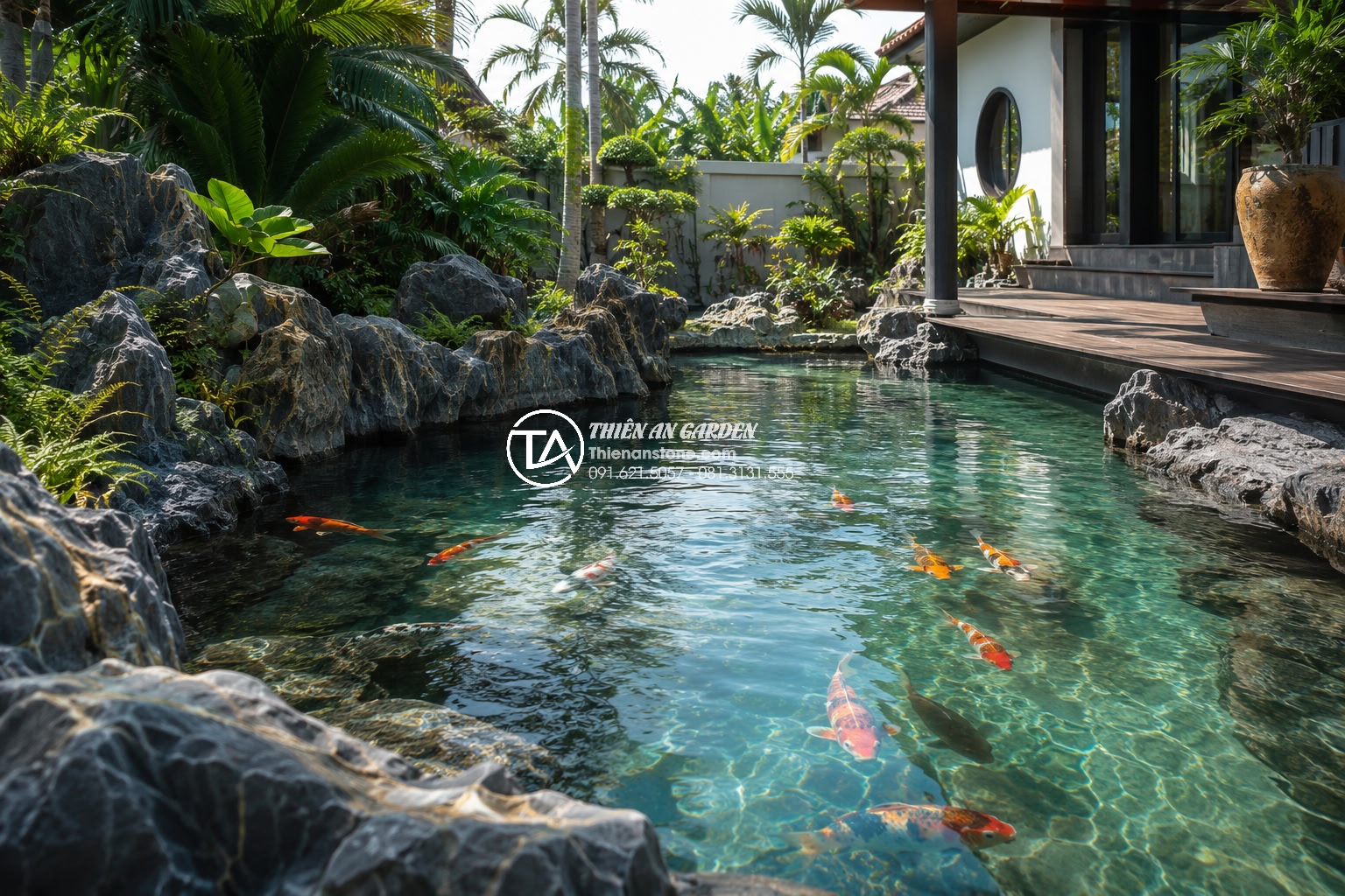 Hồ cá bê tông hay hồ cá lót bạt? Ưu nhược điểm cho sân vườn biệt thự - Luxury modern Vietnamese villa garden featuring a large elegant concrete Koi fis