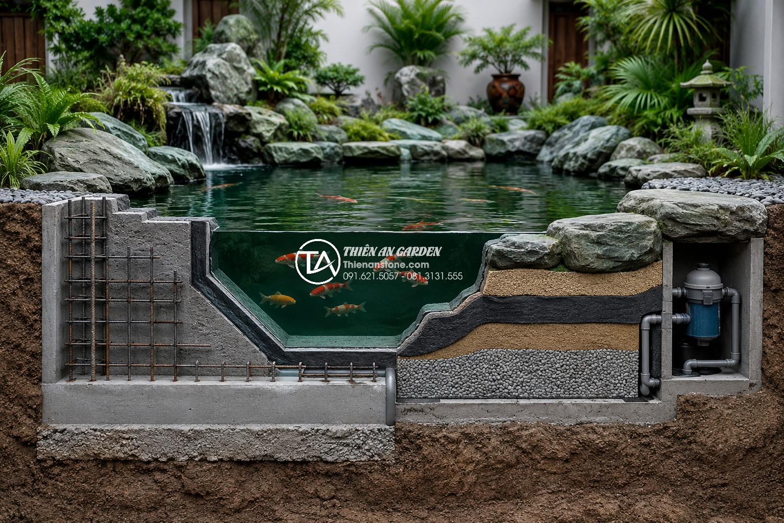 Hồ cá bê tông hay hồ cá lót bạt? Ưu nhược điểm cho sân vườn biệt thự - Detailed cross-section technical illustration of concrete Koi pond versus flexib