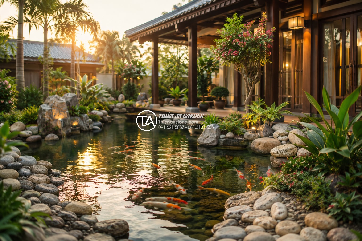 Hồ cá bê tông hay hồ cá lót bạt? Ưu nhược điểm cho sân vườn biệt thự - Final beautiful image of a completed luxury concrete Koi pond in a stunning Viet