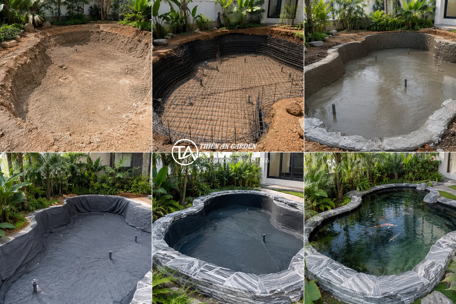 Hồ cá bê tông hay hồ cá lót bạt? Ưu nhược điểm cho sân vườn biệt thự - Step-by-step professional construction process of a large concrete Koi pond in a