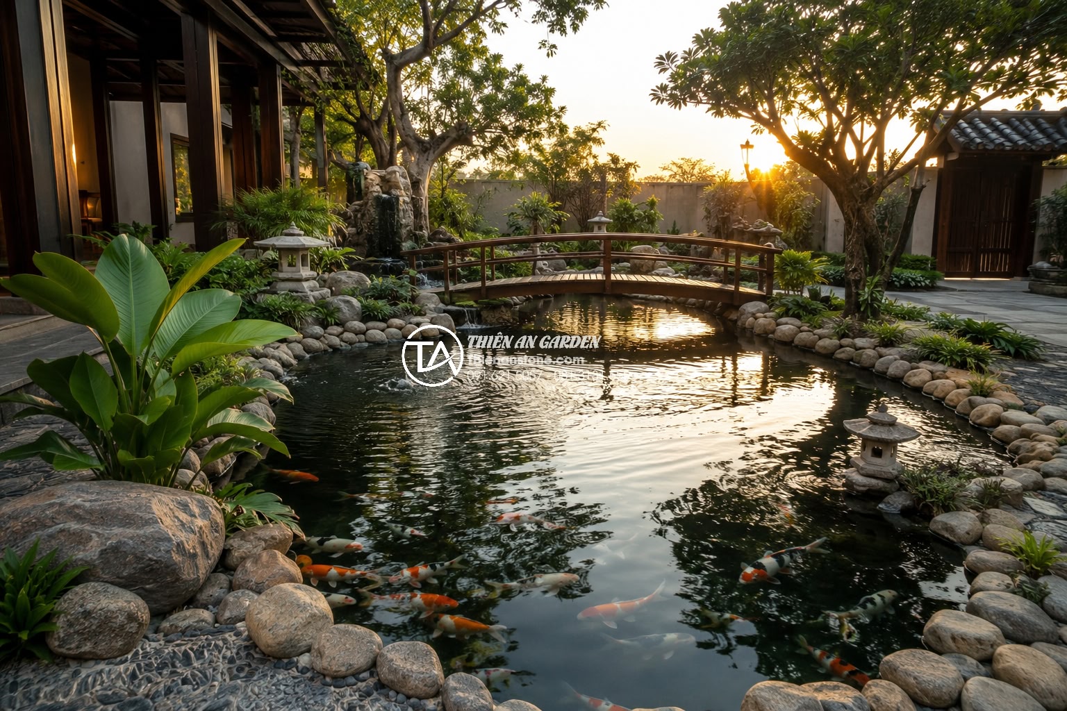 Hồ cá bê tông hay hồ cá lót bạt? Ưu nhược điểm cho sân vườn biệt thự - High-end Vietnamese villa garden showcasing a large permanent concrete Koi fish 