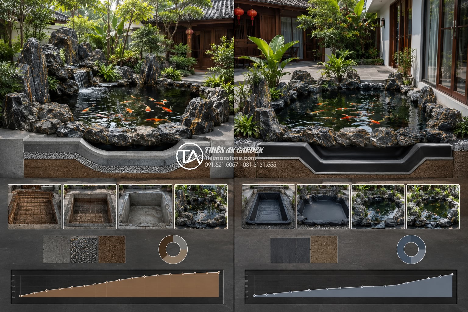 Hồ cá bê tông hay hồ cá lót bạt? Ưu nhược điểm cho sân vườn biệt thự - Professional comparison infographic style image of concrete vs liner Koi pond co