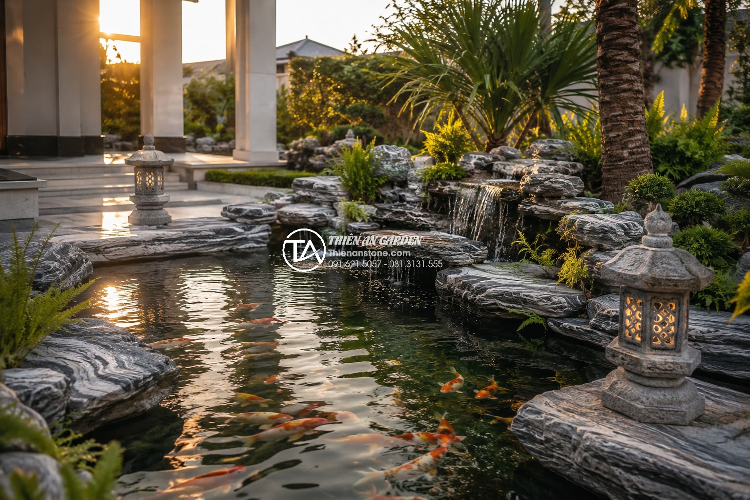 Hồ cá bê tông hay hồ cá lót bạt? Ưu nhược điểm cho sân vườn biệt thự - Elegant integration of natural stone with concrete Koi pond in luxury Vietnamese