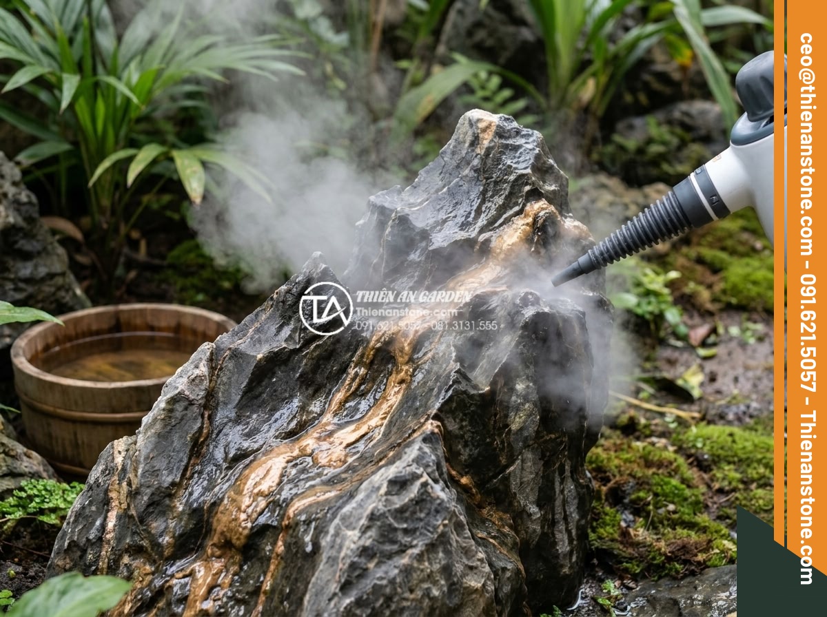 Hỏi đáp: Có nên dùng axit để tẩy rửa bề mặt đá trầm tích? - Eco-friendly stone cleaning process using steam cleaner on sedimentary rock surf