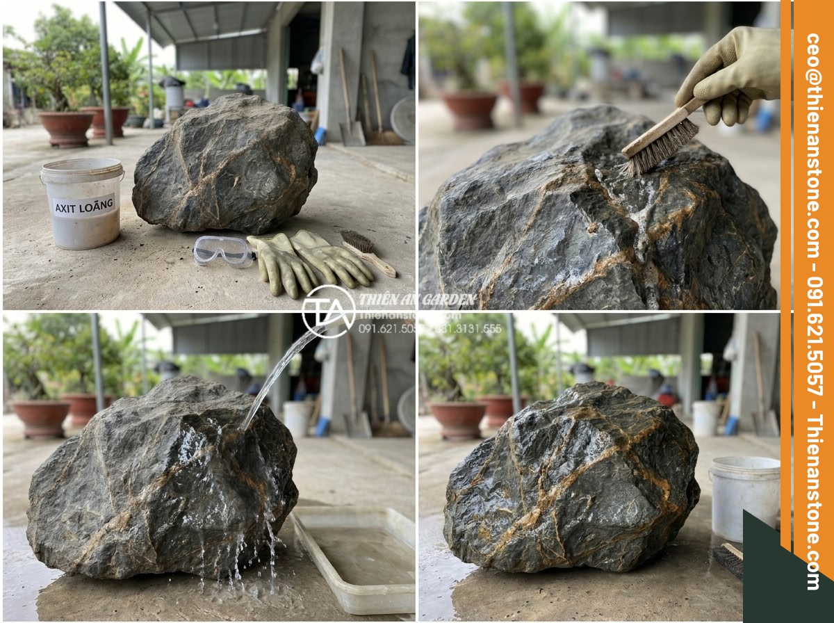Hỏi đáp: Có nên dùng axit để tẩy rửa bề mặt đá trầm tích? - Step-by-step instructional photo series of safe acid application on sedimentary 