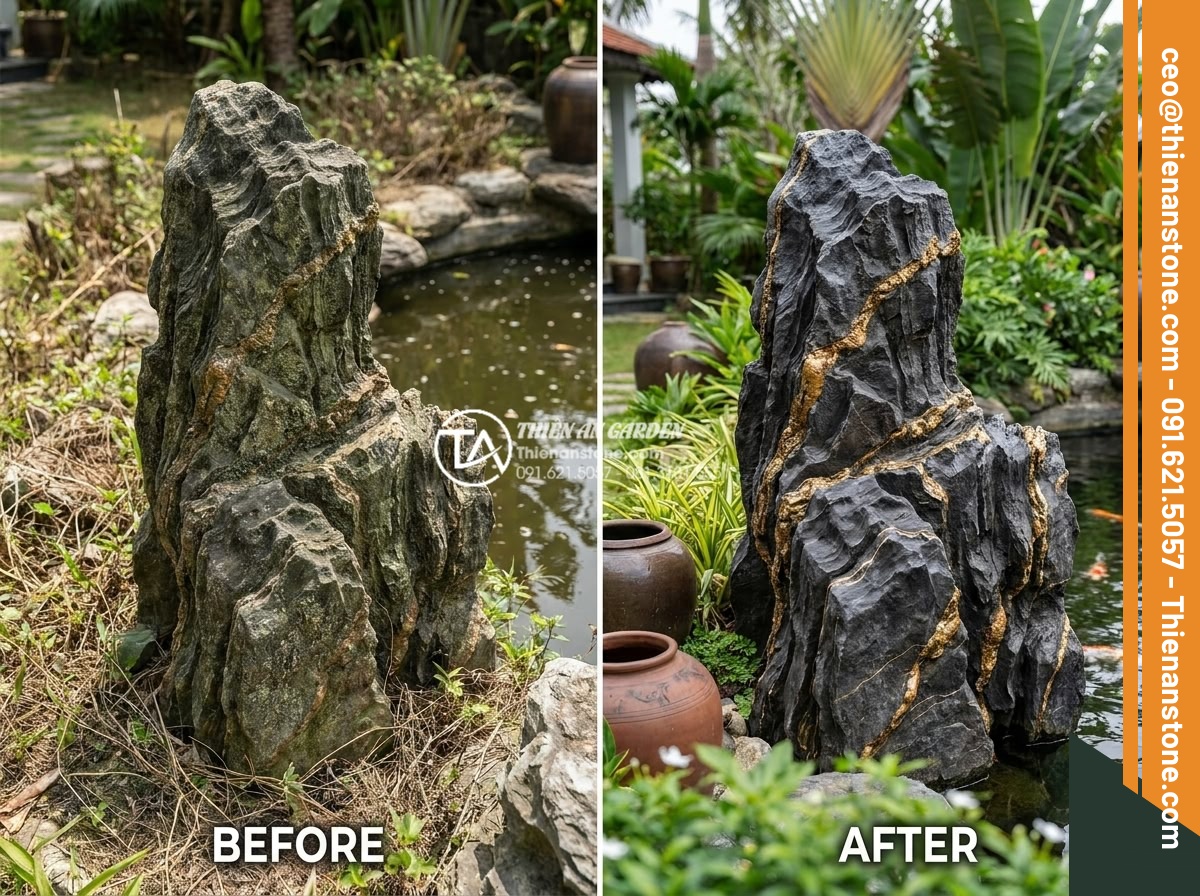 Hỏi đáp: Có nên dùng axit để tẩy rửa bề mặt đá trầm tích? - Real project before and after photos of acid cleaned sedimentary rock in Vietnam