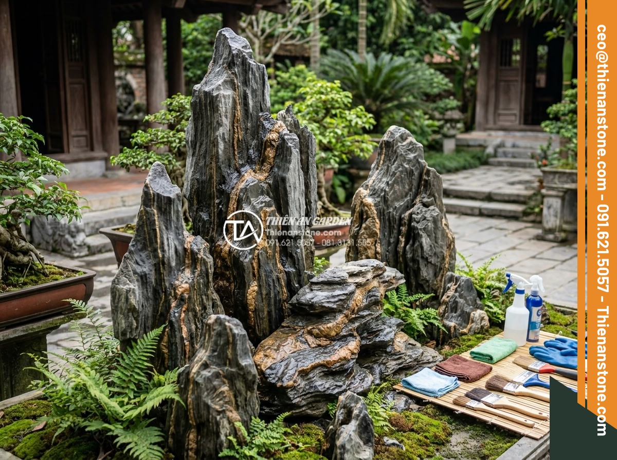 Hỏi đáp: Có nên dùng axit để tẩy rửa bề mặt đá trầm tích? - Expert team from stone company inspecting and cleaning sedimentary rock in profe