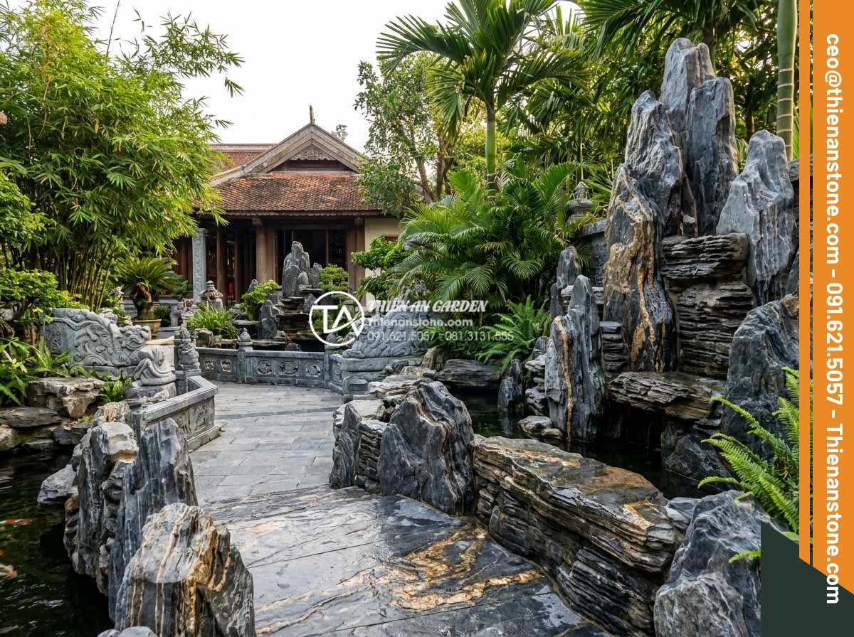 Hỏi đáp: Có nên dùng axit để tẩy rửa bề mặt đá trầm tích? - Professional landscape photo of a luxurious garden featuring sedimentary stone p