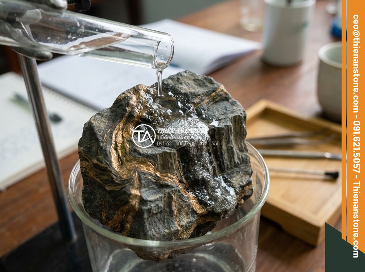 Hỏi đáp: Có nên dùng axit để tẩy rửa bề mặt đá trầm tích? - Scientific close-up image showing chemical reaction of acid on sedimentary limes